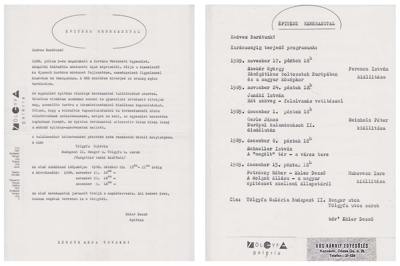 Meghívók a Kortárs Művészeti Egyesület Építész Kerekasztalának két, a Tölgyfa Galériában 1988-ban és 1989-ben tartott eseményére